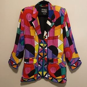 Vintage colourful abstract print blazer with sequins. Two front pockets.